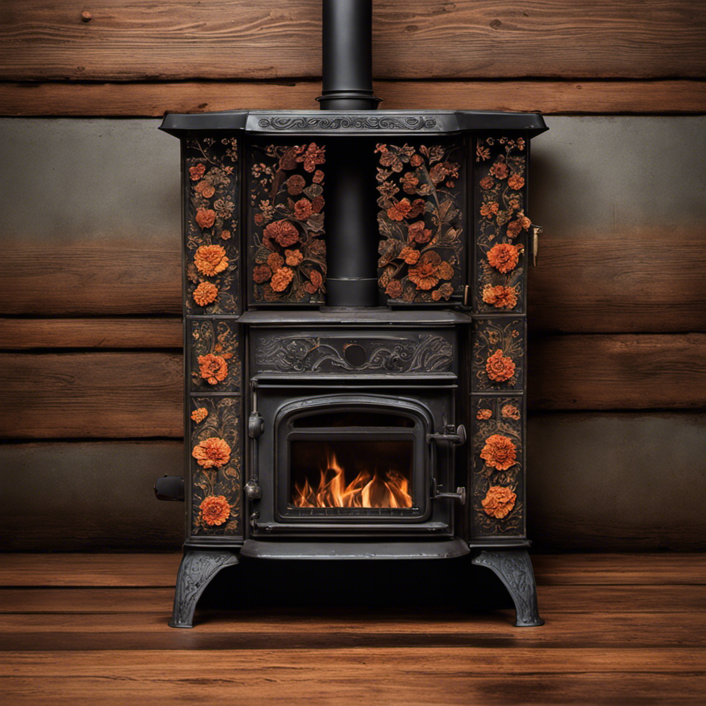 An image capturing the allure of a rusty, cast-iron wood stove resting on a dilapidated wooden floor