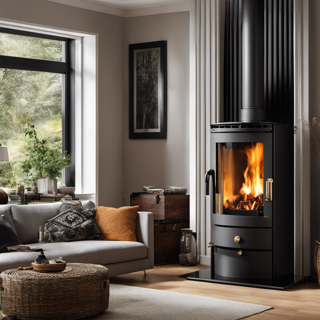An image showcasing a cozy living room with a small indoor insulated wood stove as the focal point