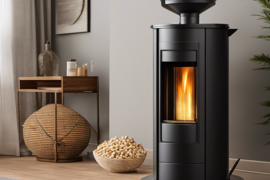 An image showcasing a wood pellet heater with a clear hopper filled with precisely measured, golden wood pellets