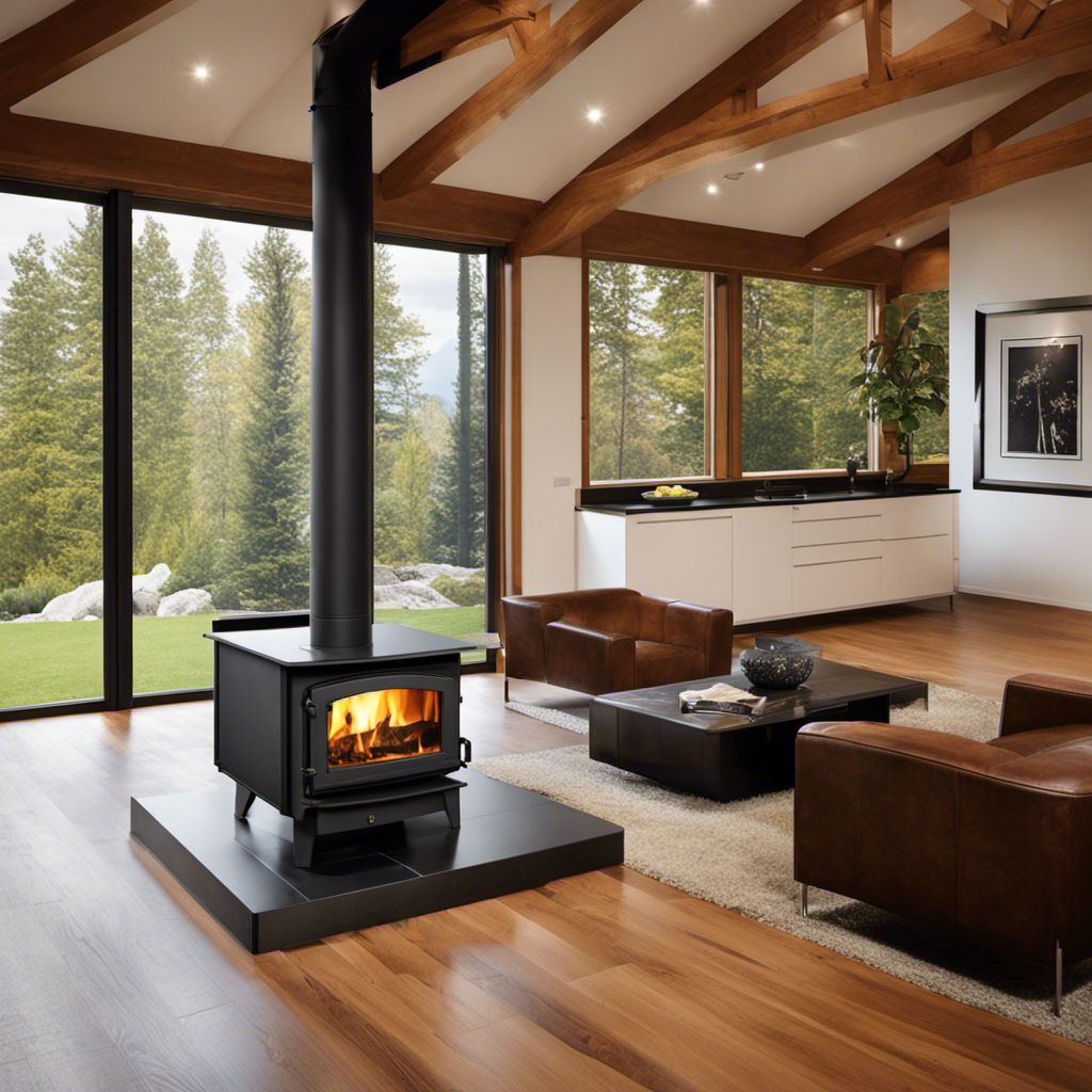 An image showcasing a wood stove positioned in a spacious room, showcasing the ideal clearance between the stove and the wall