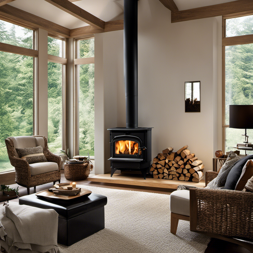 An image showcasing a cozy living room with a wood stove, illustrating its optimal space requirements