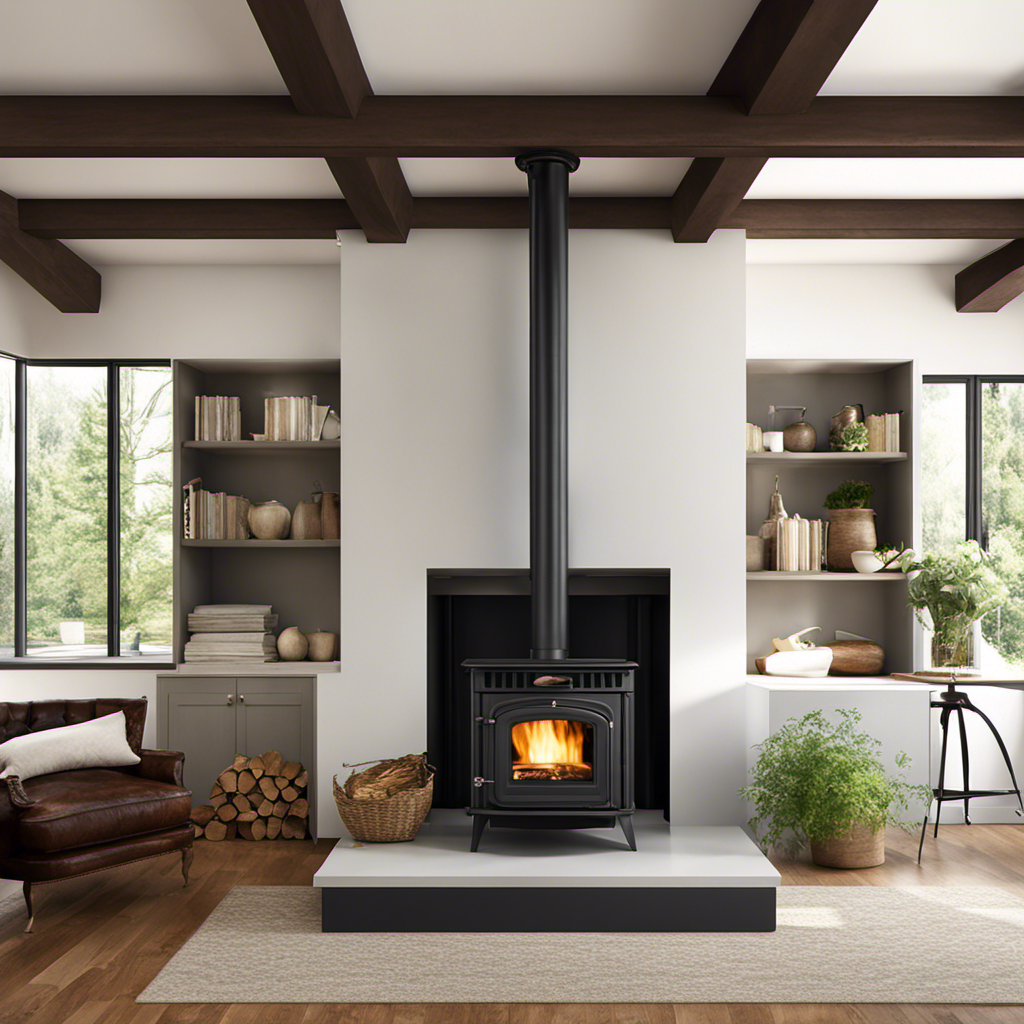 An image showcasing the ideal wood stove vent placement in a cozy living room