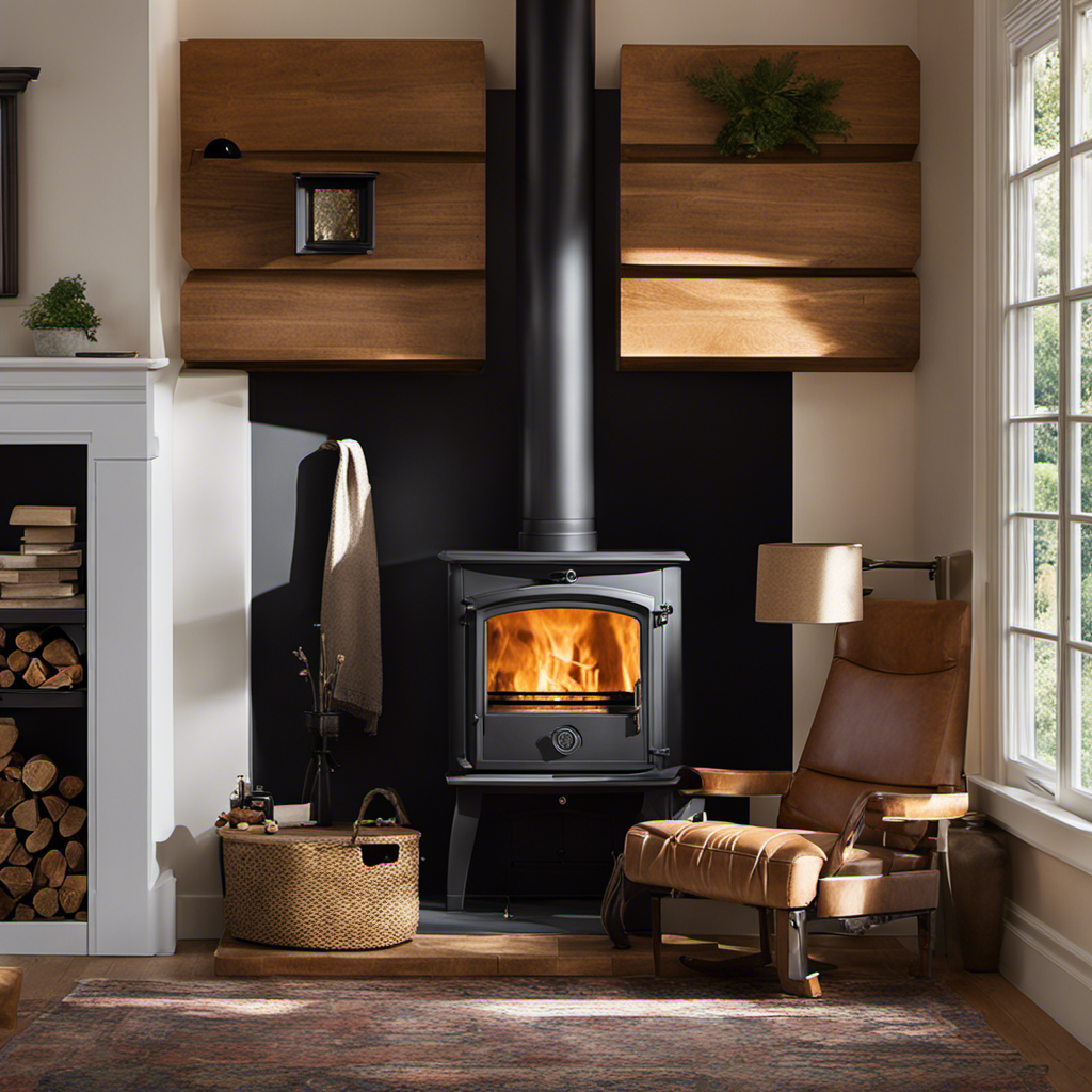 An image showcasing the process of installing a wood stove: a skilled technician measuring and cutting a precise hole in the wall, meticulously fitting and securing the stovepipe, and finally, a cozy living room graced by the warm glow of the newly installed wood stove