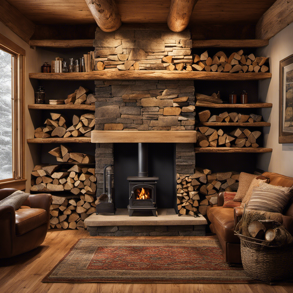 An image that showcases a cozy living room with a rustic wood stove as the focal point