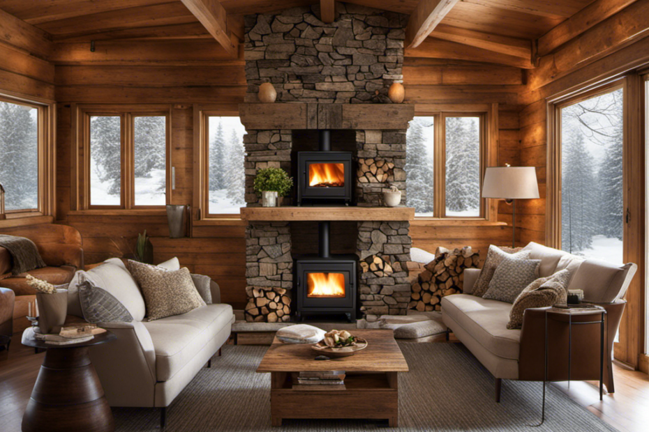 An image showcasing a cozy living room with a wood or pellet stove as the focal point
