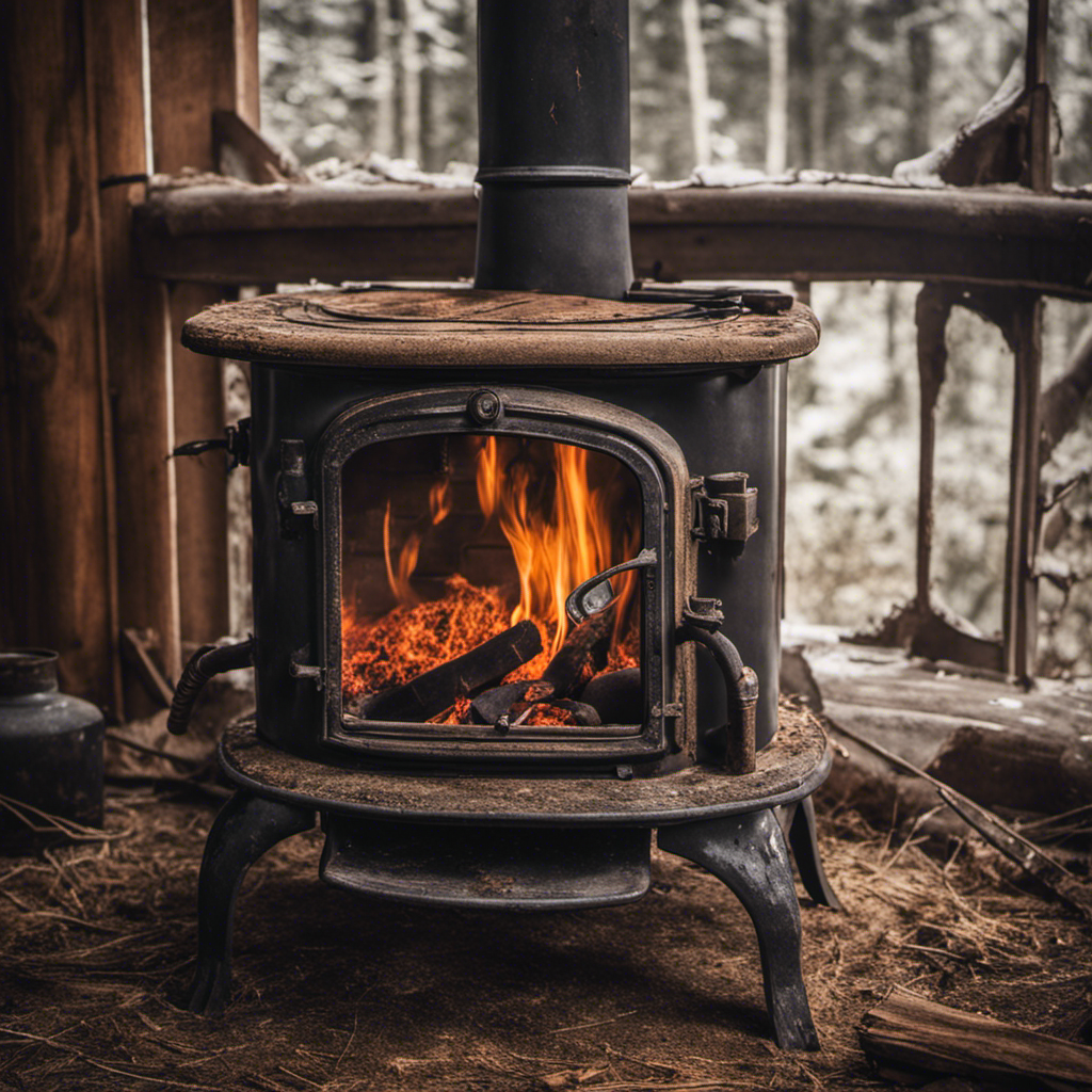 An image showcasing a worn-out wood stove in need of rebuilding: a rusted metal body, cracked ceramic glass door, charred wood inside, and frayed gaskets