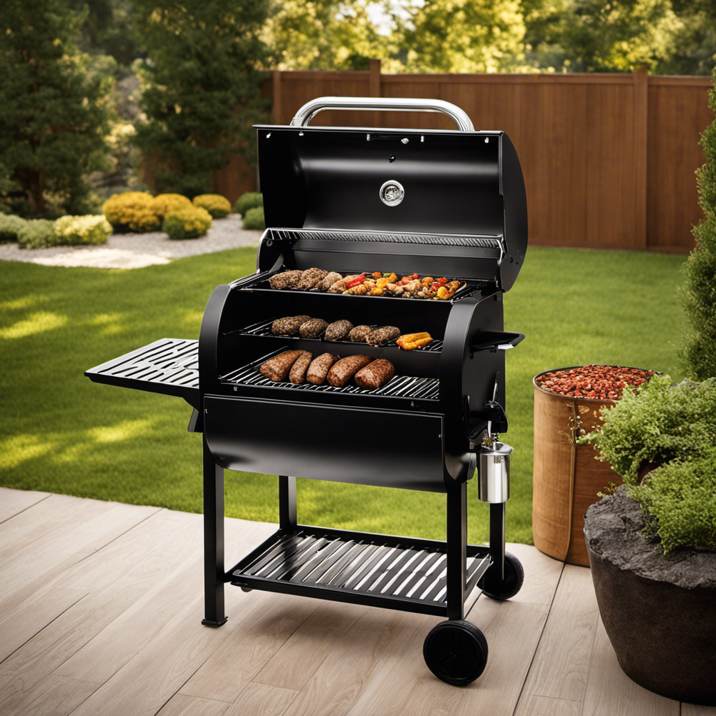 An image showcasing a pellet grill engulfed in aromatic wood pellets, emitting a warm, smoky haze