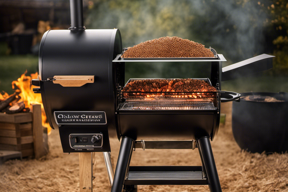 An image showing a small grill with a stack of wood pellets beside it