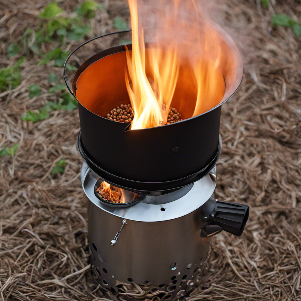 An image showcasing a rocket stove with a pot of boiling water on top
