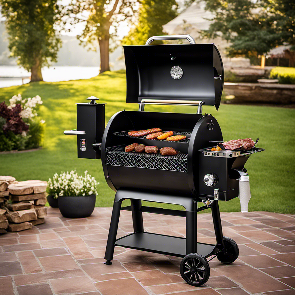 An image depicting a pellet grill with a full hopper of wood pellets, emitting a steady stream of smoke while grilling juicy meats, showcasing the efficient use of wood pellets