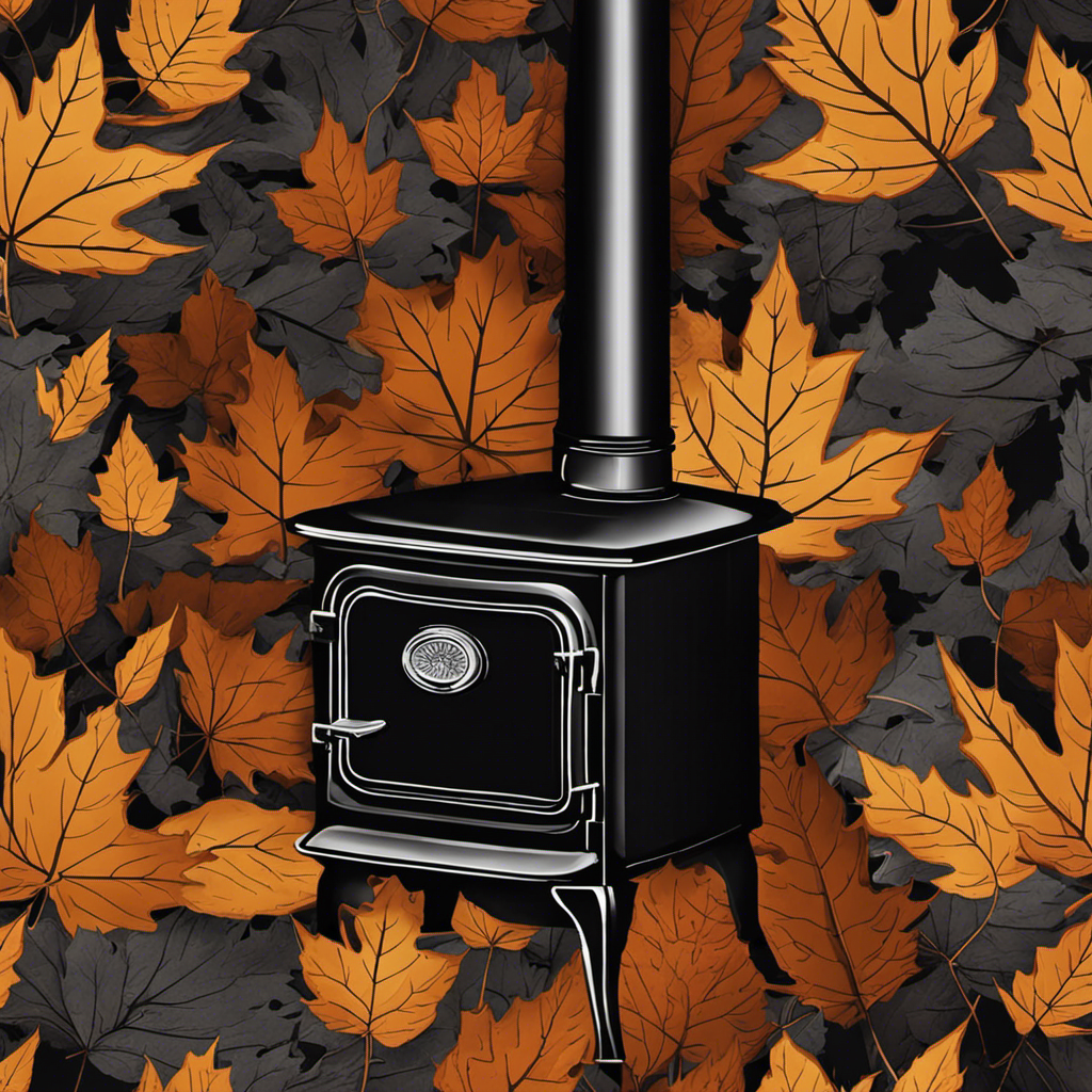 An image that showcases a rustic wood stove chimney covered in thick layers of black soot, surrounded by fallen leaves and twigs, emphasizing the importance of regular cleaning