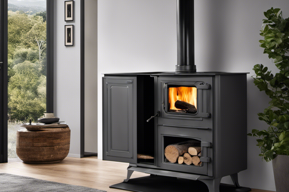 An image showcasing a wood stove with a partially open door revealing a bed of grey, powdery ashes