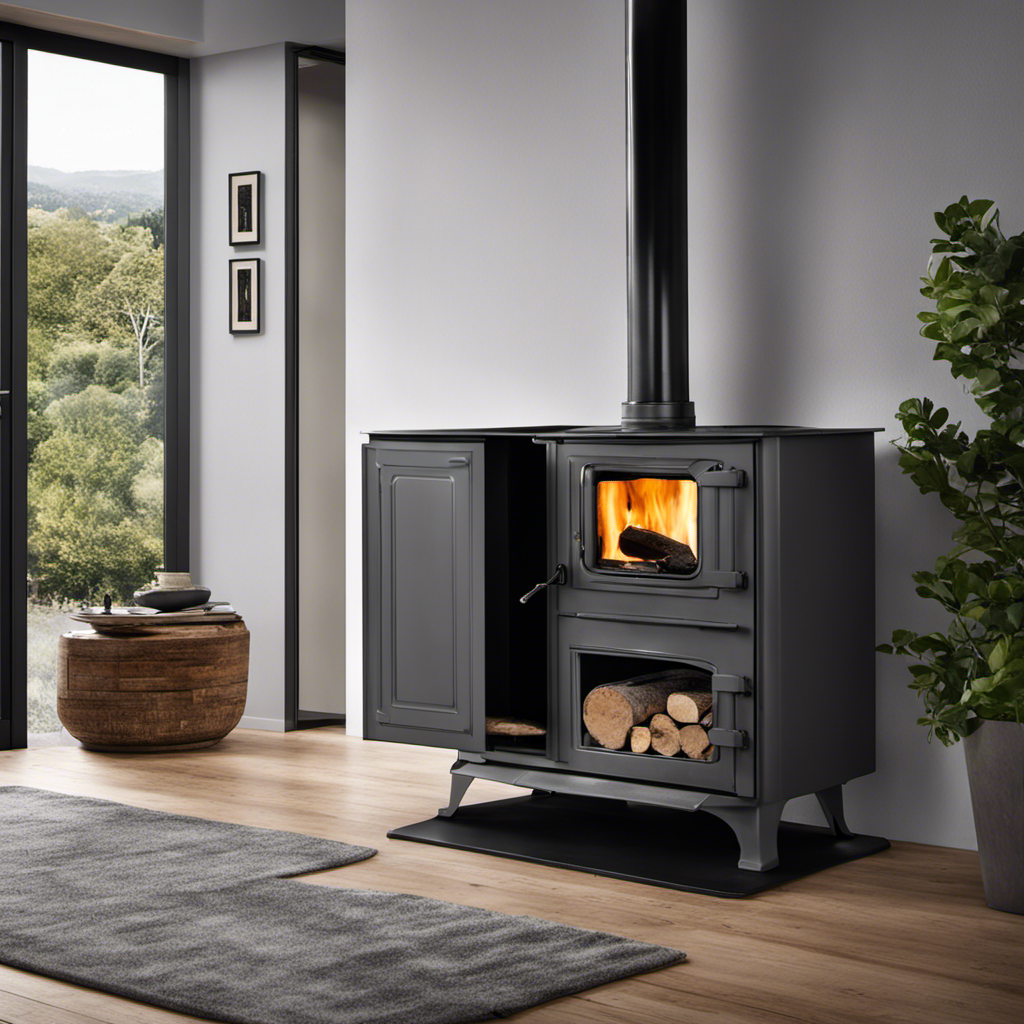An image showcasing a wood stove with a partially open door revealing a bed of grey, powdery ashes