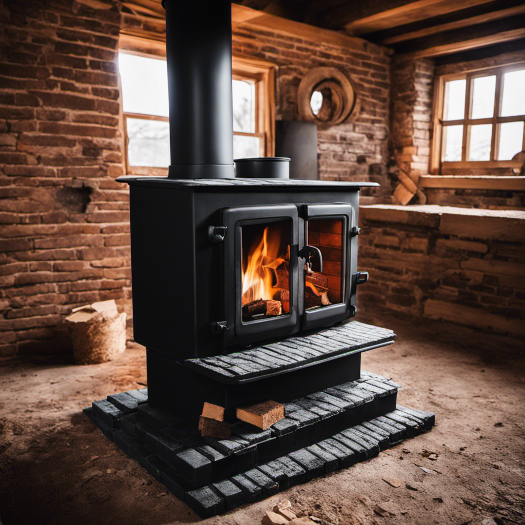 An image showcasing the step-by-step process of re-firebricking a wood stove: hands wearing heavy-duty gloves removing old bricks, cleaning the interior, meticulously placing new firebricks, and securing them in position
