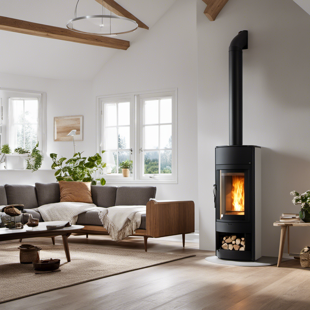 An image that showcases a serene living room with a modern wood pellet boiler, emitting clean and eco-friendly heat