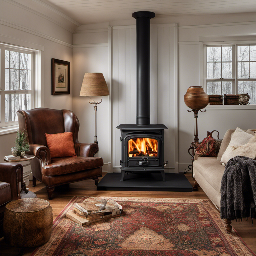 An image showcasing a cozy living room with a double barrel wood stove in the center