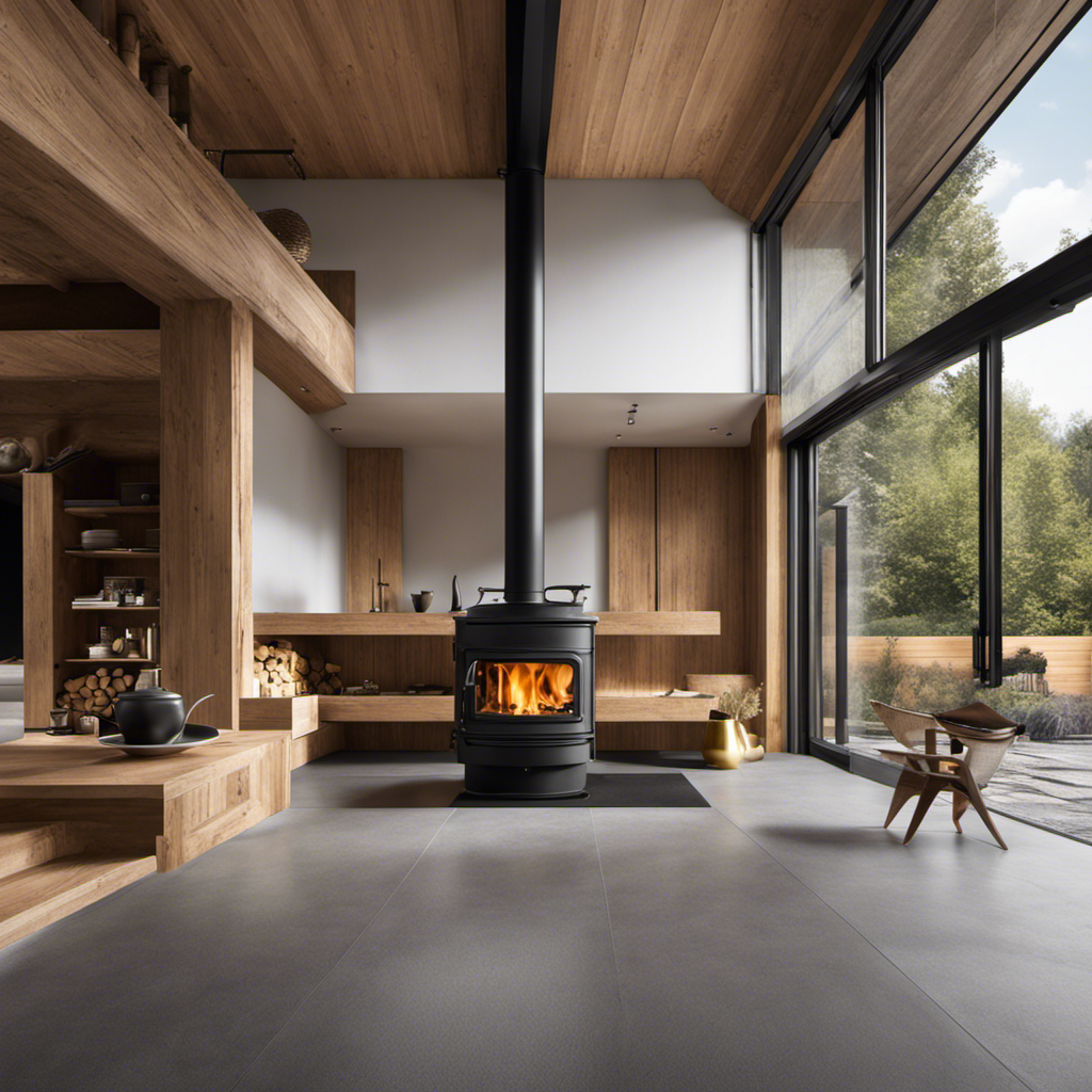 An image showcasing a sturdy, reinforced floor, composed of thick concrete or fireproof materials, supporting a robust wood stove