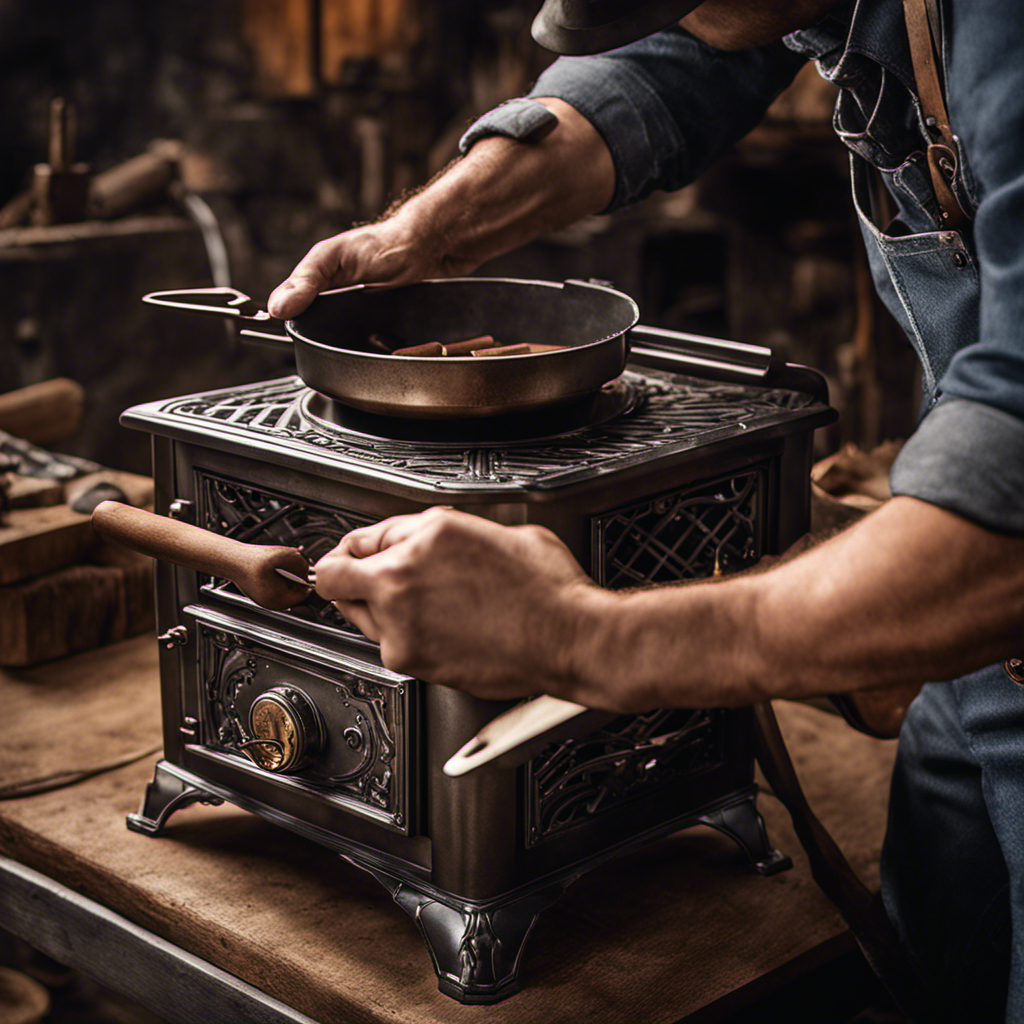 An image capturing the precise moment of a hand gripping a wrench, turning it with controlled force to tighten the bolts on a Harman wood stove