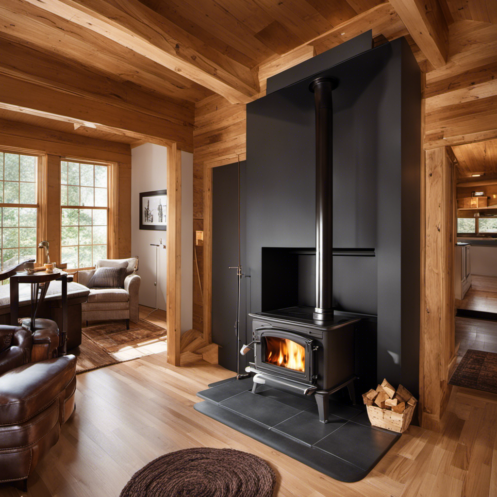An image showcasing a person installing a wood stove in their home, following legal regulations