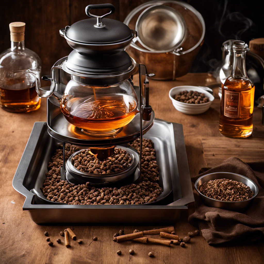 An image showcasing the step-by-step process of infusing bourbon into a pellet wood smoker