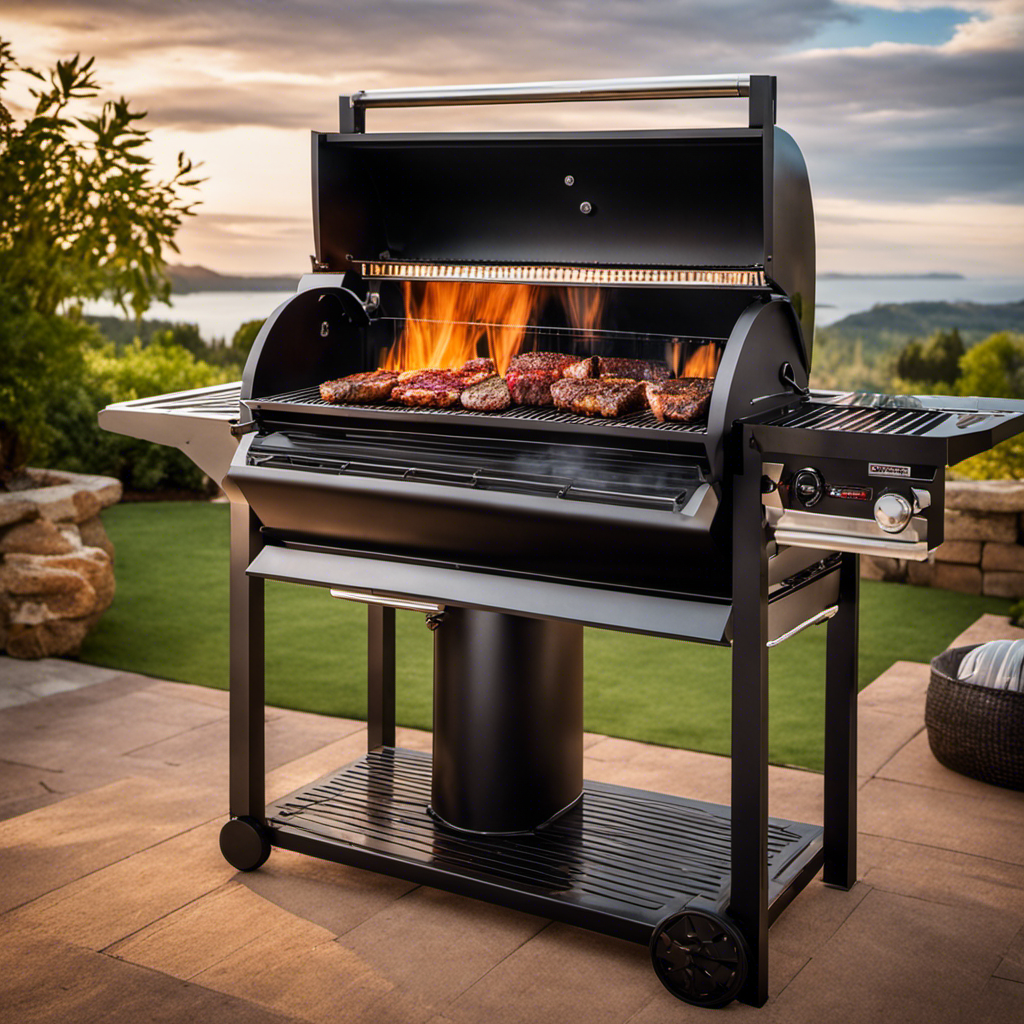 An image showcasing a sizzling wood pellet grill, emitting aromatic smoke, as succulent cuts of meat sear to perfection