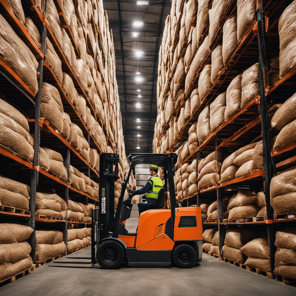 An image showcasing a bustling warehouse filled with neatly stacked bags of Turman wood pellets, a forklift in motion, and knowledgeable employees assisting customers with their purchases