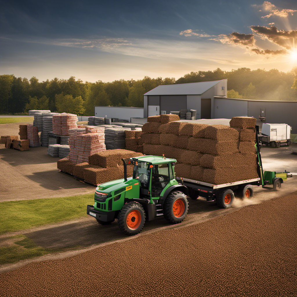 An image showcasing a bustling wood pellet dealership, with stacks of high-quality Turman pellets neatly arranged on pallets, a forklift loading a truck, and friendly employees assisting customers with their purchases