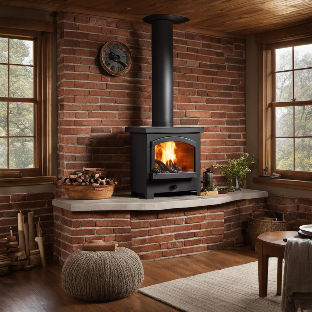 An image showcasing a step-by-step guide on building a brick wall behind a wood stove: a sturdy foundation, carefully aligned brick rows, mortar application, and final finishing touches