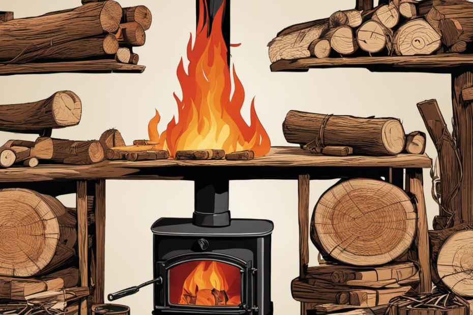 An image illustrating the step-by-step process of building a fire in a wood stove: hands cradling kindling, a stack of logs, flickering flames, a closed damper, and smoke billowing from the chimney