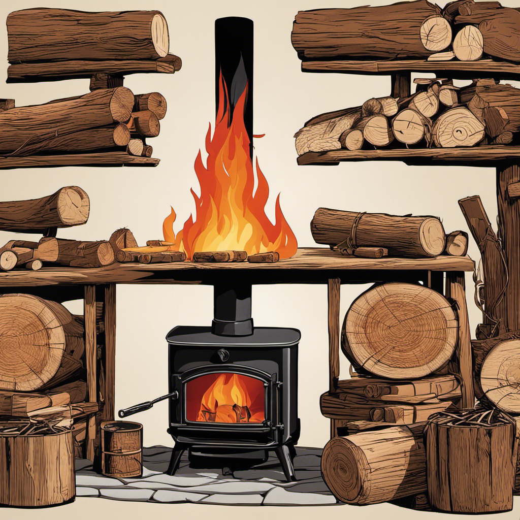An image illustrating the step-by-step process of building a fire in a wood stove: hands cradling kindling, a stack of logs, flickering flames, a closed damper, and smoke billowing from the chimney