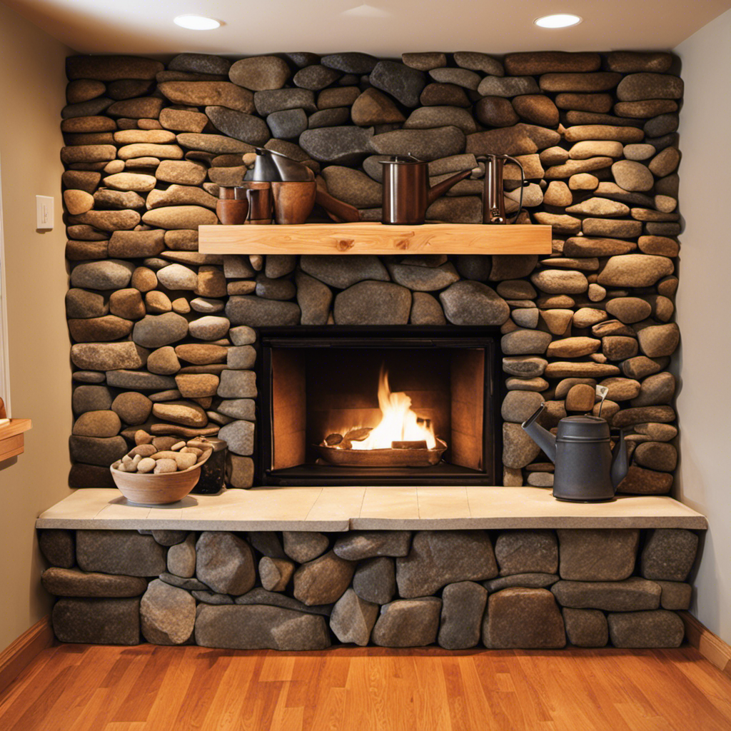 An image showcasing a step-by-step guide to building a sturdy rock wall for a wood stove