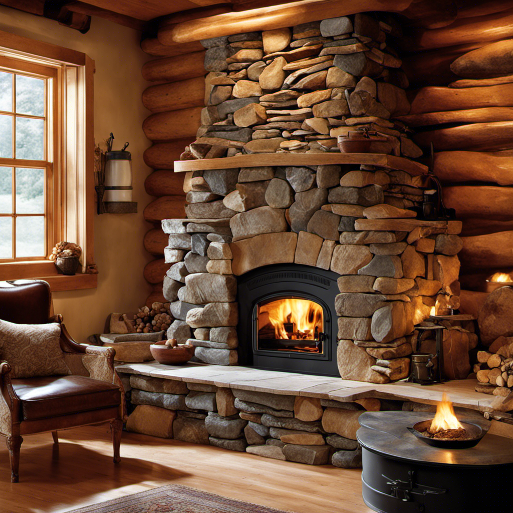 An image showcasing a step-by-step guide on constructing a stone veneer hearth for a wood stove