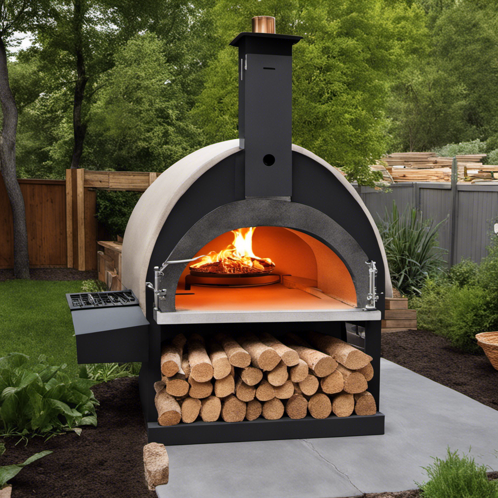 An image showcasing a DIY wood pellet fired pizza oven in progress: a sturdy brick base with a concrete countertop, surrounded by wooden boards, and a metal chimney rising from the oven's dome