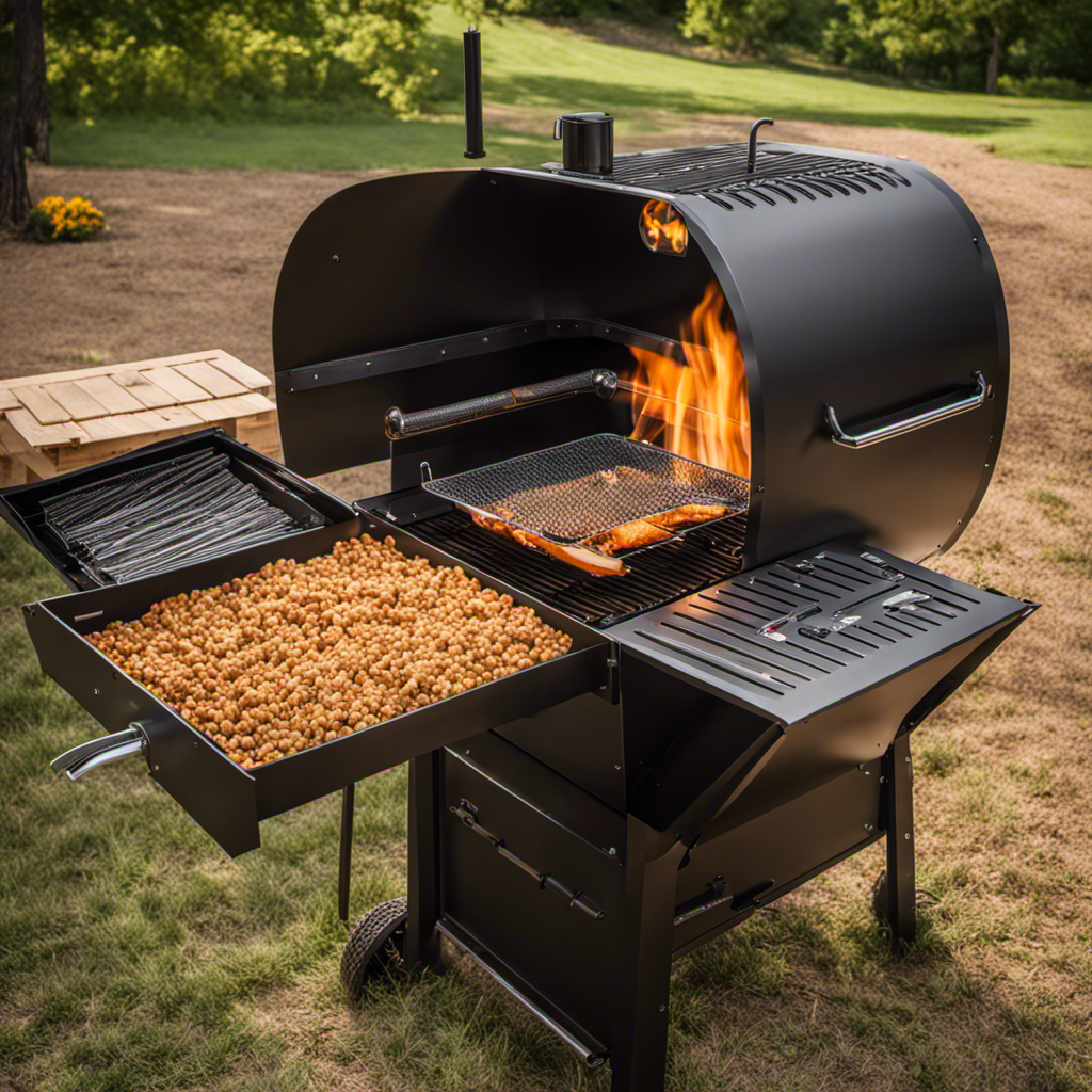 An image showcasing the step-by-step process of constructing a wood pellet grill from scratch, capturing the precise placement of each component, including the auger, hopper, firebox, cooking grates, and temperature control panel
