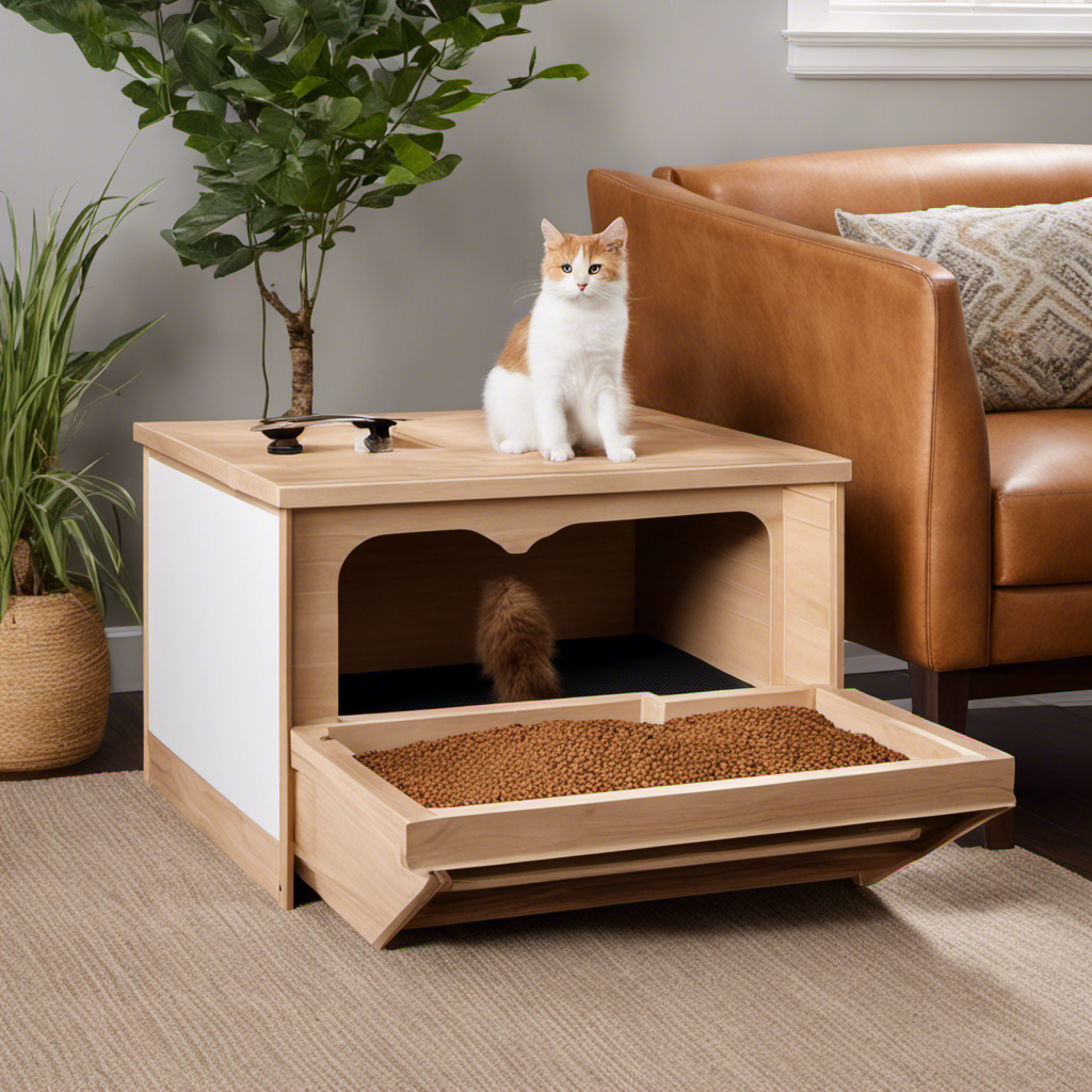 An image showcasing a sturdy wooden frame with a hinged lid, a sliding tray system, and a built-in motorized sifting mechanism, demonstrating the step-by-step process of constructing a wood pellet self-cleaning litter box