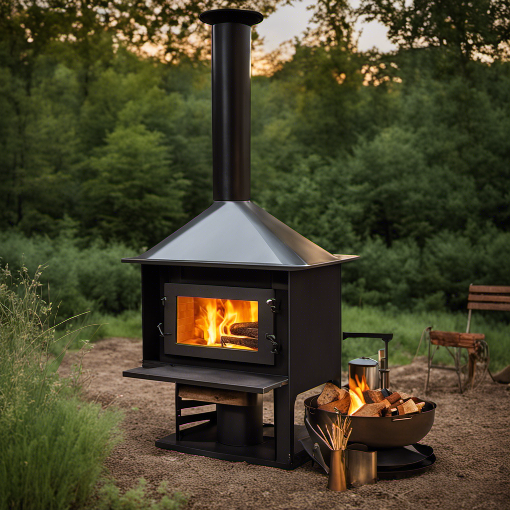 An image capturing a step-by-step guide to building an outdoor wood stove: A sturdy metal frame with an attached chimney, surrounded by stacked bricks forming a firebox, and a metal grate for cooking