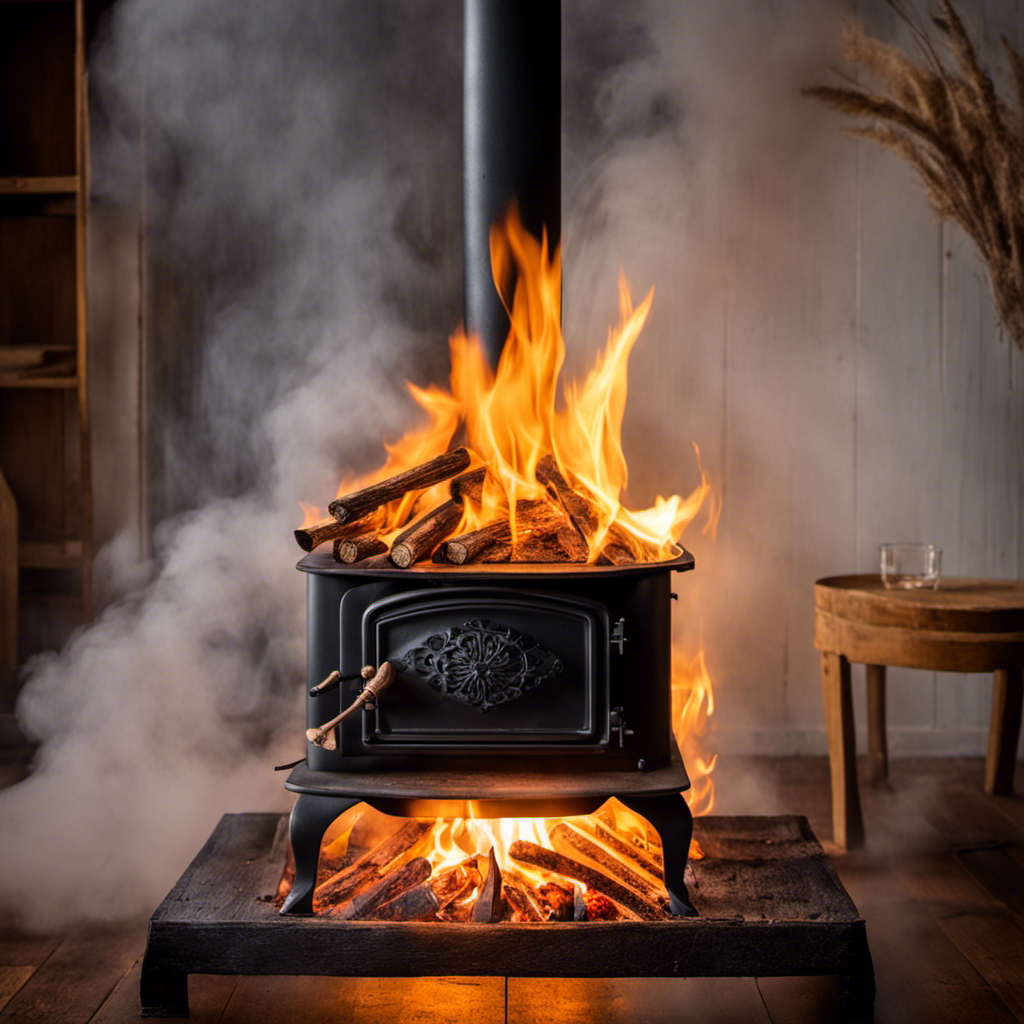 An image capturing the process of burning wet wood in a wood stove
