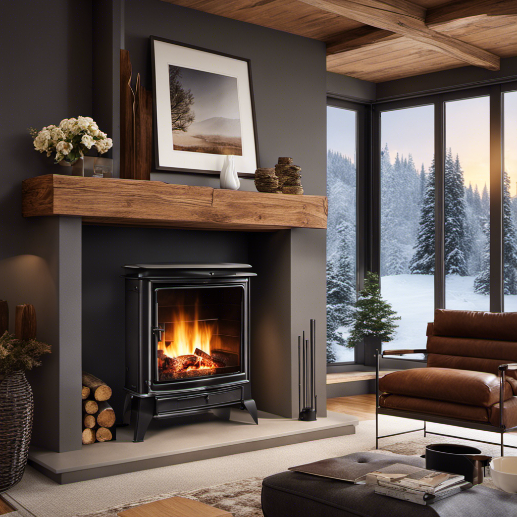 An image showcasing a cozy living room with a roaring fire in a wood stove insert