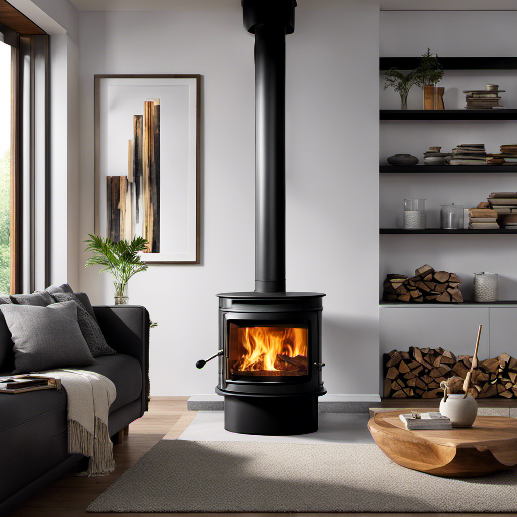 An image showcasing a wood stove surrounded by a cozy living room, with clear visibility of the stovepipe and flame