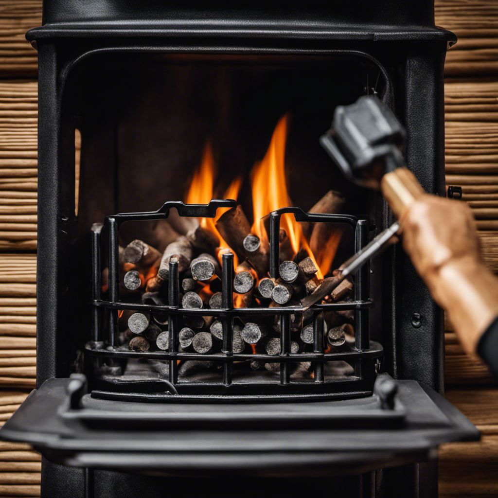 An image showcasing a close-up of hands wearing work gloves, holding a screwdriver and removing the old igniter from a Leyden Wood Pellet Stove