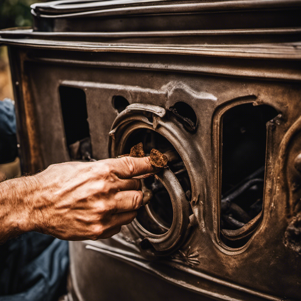 An image showcasing a close-up of hands removing the worn-out gasket from a wood stove door