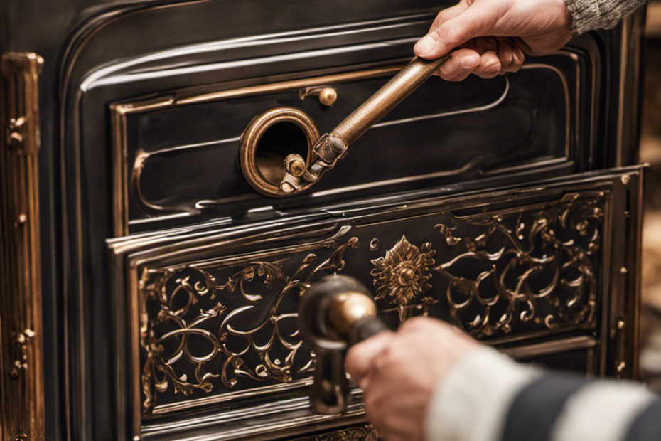An image that showcases a close-up view of a hand reaching towards a wood stove's damper handle, with the handle partially lifted, revealing the internal mechanism