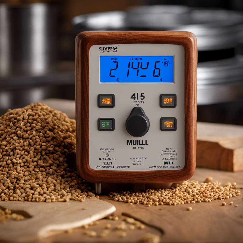 An image showcasing a close-up of a wood moisture meter pressed against a piece of wood, displaying the moisture level