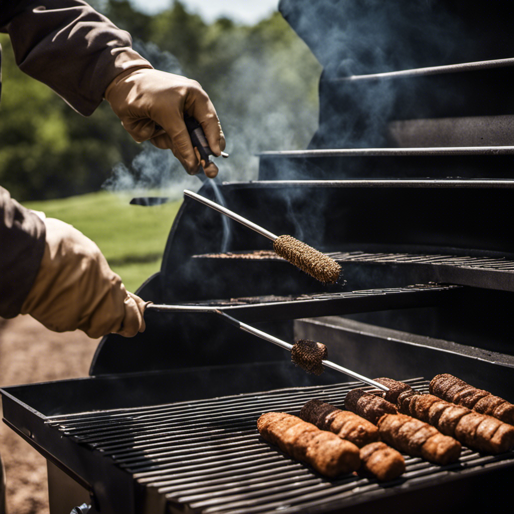 An image showcasing a pair of gloved hands scrubbing the grates of a wood pellet grill with a wire brush, while billows of smoke rise from the grill, revealing its clean and well-maintained surface