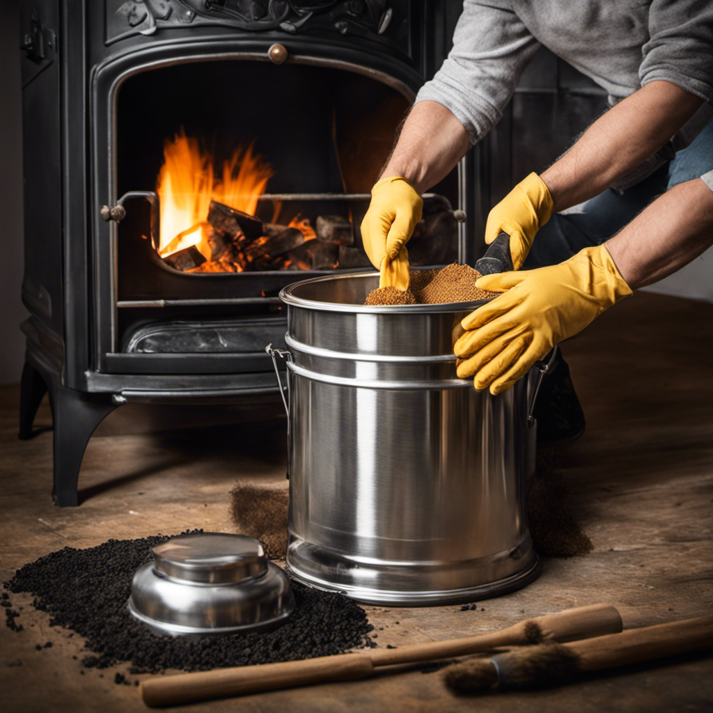 An image capturing the step-by-step process of cleaning a wood pellet stove: hands in protective gloves sweeping ashes into a metal bucket, a soft brush gently removing debris from the stove's interior, and a clean and polished stove gleaming in the background