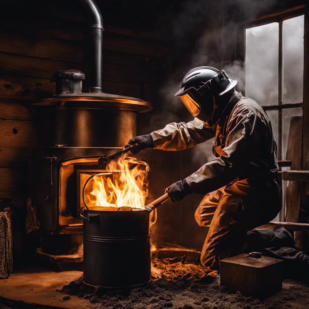An image showing a person, wearing protective gear, carefully inserting a brush into a wood stove chimney