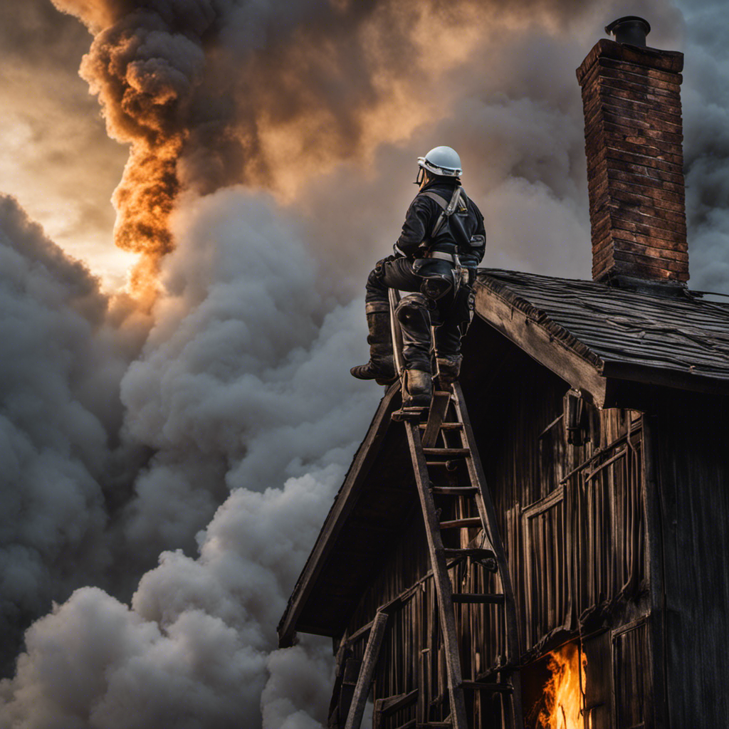 An image showcasing a skilled individual wearing protective gear, scaling a ladder to meticulously brush off layers of creosote from a wood stove chimney, surrounded by billowing clouds of soot