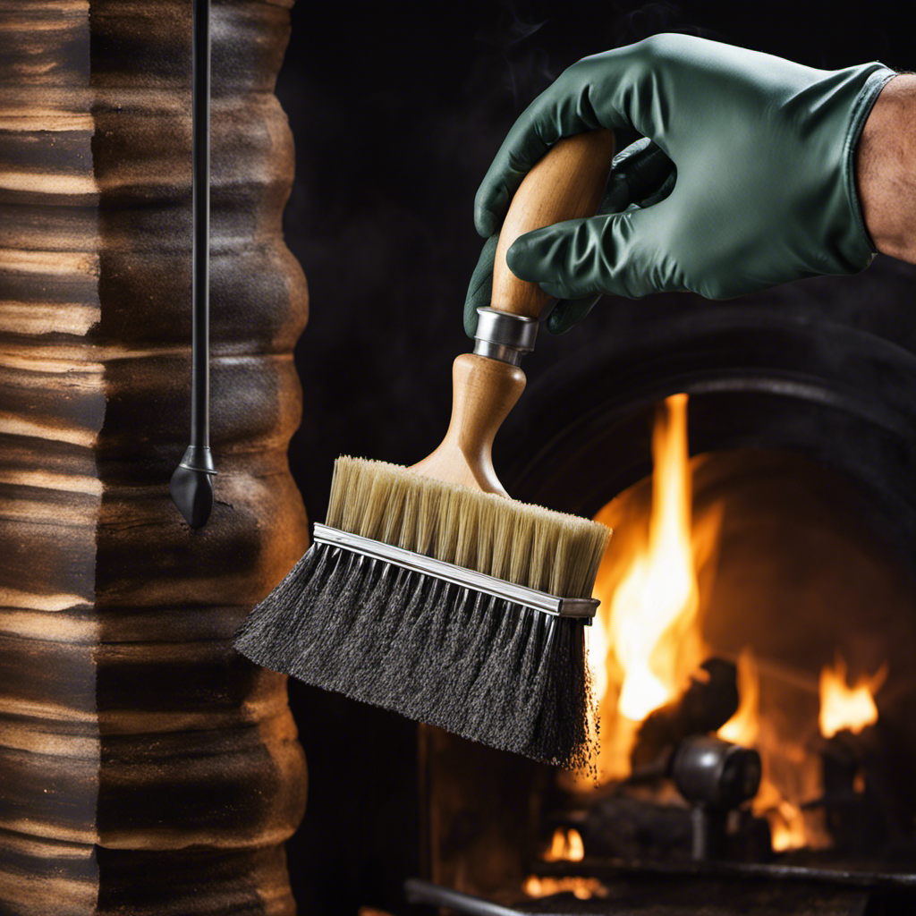 An image that showcases a pair of gloved hands holding a chimney brush, meticulously sweeping away soot and debris from a wood stove insert chimney