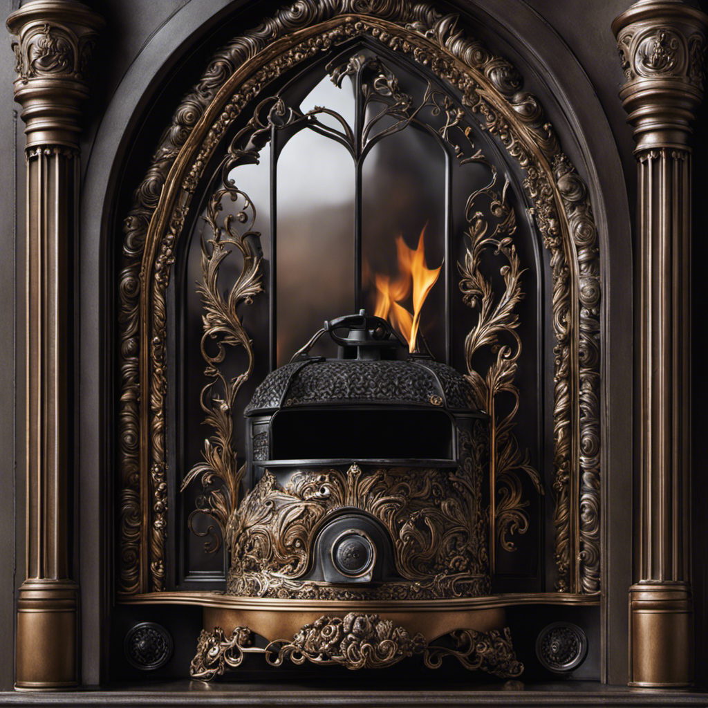 An image showcasing a pair of gloved hands meticulously wiping away layers of soot from the intricate iron patterns of a wood stove's door, while a soft cloth delicately polishes the gleaming glass window