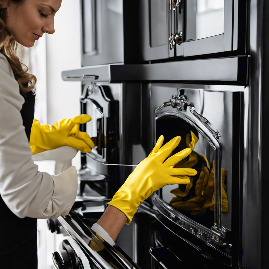 An image capturing a close-up of hands wearing yellow rubber gloves, gently wiping a clear glass door on a glossy black wood stove with a microfiber cloth, revealing a spotless reflection